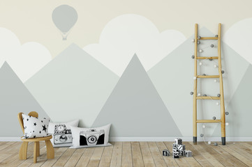 Wall Mural - mock up wall in child room interior. Interior scandinavian style. 3d rendering, 3d illustration