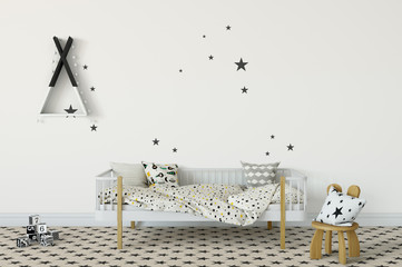 Wall Mural - mock up wall in child room interior. Interior scandinavian style. 3d rendering, 3d illustration