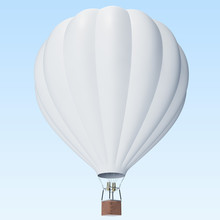 White Hot Air Balloon On Clouds Background With Basket. 3d Rendering