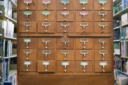 An Old Style Wooden Cabinet Of Library Card Or File Catalog Index