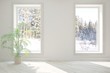 © AntonSh - White empty room with winter landscape in window. Scandinavian interior design. 3D illustration
