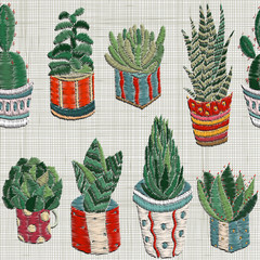 Seamles pattern. Embroidery succulents, cactus and pots. Cactus wall art embroidery home decor cacti succulents.