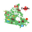 © thruer - Vector flat style illustration of Canadian map with Canadian national cultural symbols.