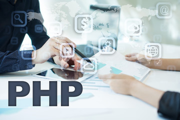 php on virtual screen. business, technology and internet concept.