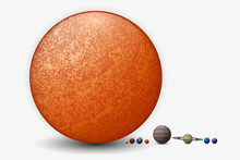 The Relative Size Of Eight Planets And The Sun 3d Illustration. Solar System Objects Size Comparison.