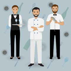 Wall Mural - Chef cook, waitress in uniform and barman standing together on a tableware background. Restaurant people characters.