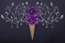 Wafer Or Waffle Ice Cream Cone And Violet Spring Flowers