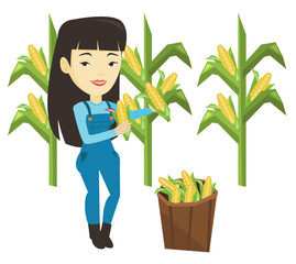 Sticker - Farmer collecting corn vector illustration.