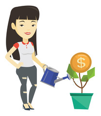 Wall Mural - Business woman watering money flower.