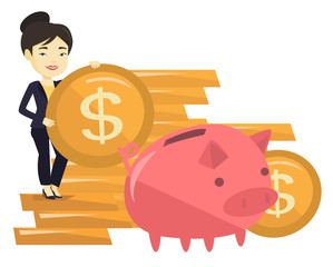 Wall Mural - Business woman putting coin in piggy bank.