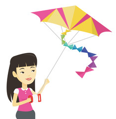 Canvas Print - Young woman flying kite vector illustration.