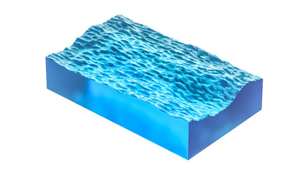 Rectangular section of ocean or sea water, with small waves. 3d Illustration, isolated on white background