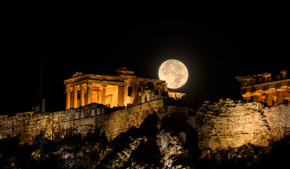 Wall Mural - Acropolis of Athens, Greece at a full moon night