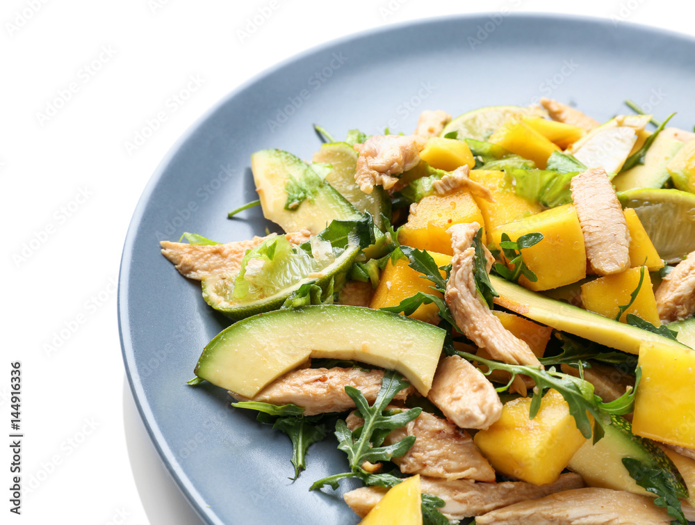 Plate with chicken salad on white background