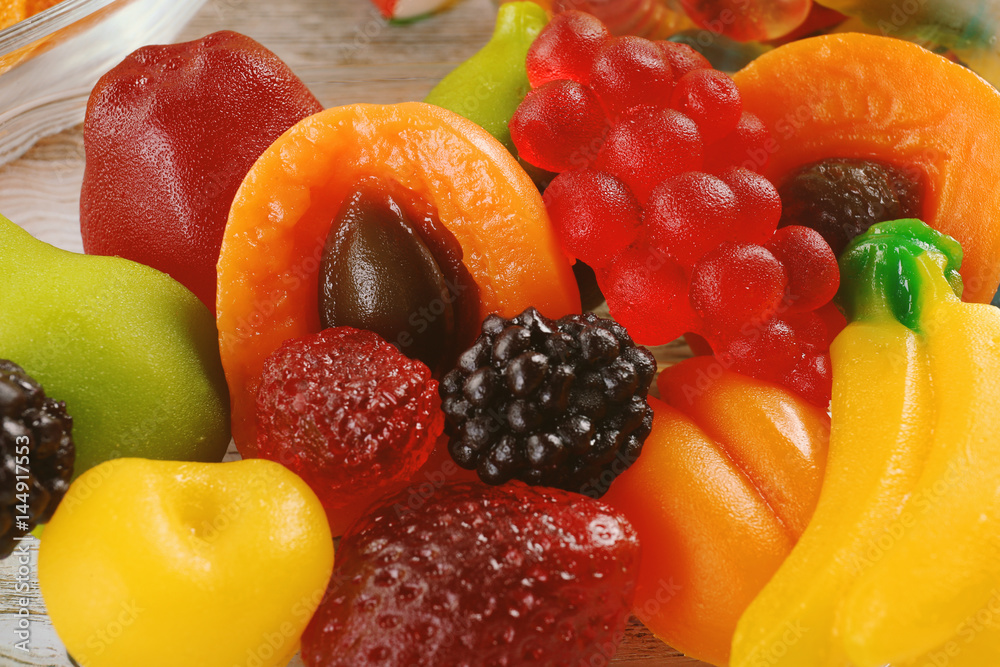 Composition of tasty jelly candies, closeup