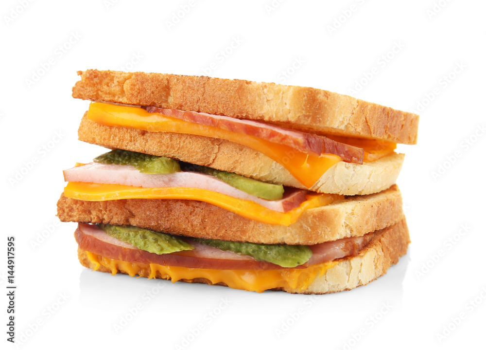 Delicious sandwich with cheese, ham and cucumber on white background