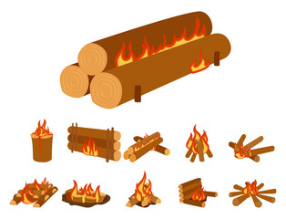 Wall Mural - Isolated illustration of campfire logs burning bonfire and firewood stack vector