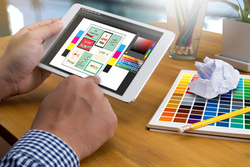 Aufkleber - Creative Designer Graphic at work. Color swatch samples, Illustrator Graphic designer working digital tablet and computer