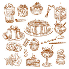 Canvas Print - Vector sketch icons of cake desserts and pastry