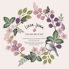  Vector illustration of a beautiful floral wreath with a cute bird on a floral branch in spring for Wedding, anniversary, birthday and party. Design for banner, poster, card, invitation and scrapbook 