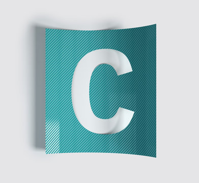 Colorful Bent Sticker Font Made Of Cut Out Glossy Paper. Vibrant Big Letter C. 3d rendering illustration