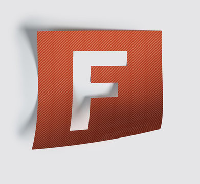 Colorful Bent Sticker Font Made Of Cut Out Glossy Paper. Vibrant Big Letter F. 3d rendering illustration