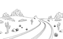 Prairie Road Graphic Black White Landscape Sketch Illustration Vector
