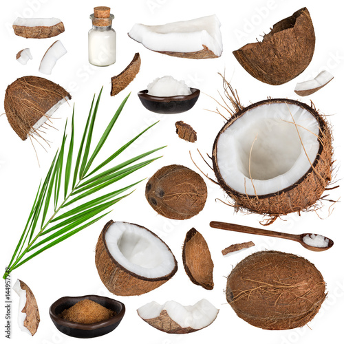 Stampe close-up of a coconut collection on white background