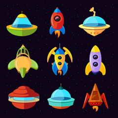 Wall Mural - cartoon vector fantastic ufo, spaceships and rockets vector set