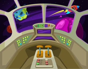 Poster - Cartoon spaceship cabin interior with windows into space with alien planets vector illustration
