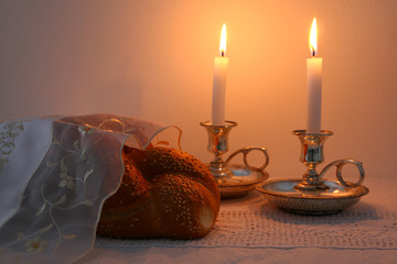 Wall Mural - shabbat image. challah bread, shabbat wine and candles