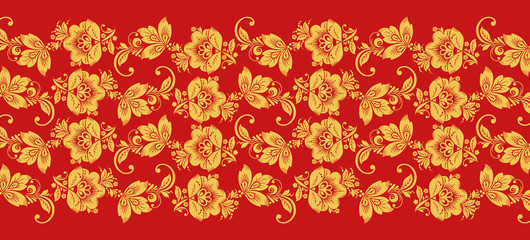 Wall Mural - Hohloma branch lines seamless pattern vector. Russian traditional ornament in red and gold colors. Classic khokhloma floral background