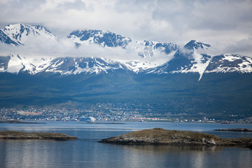 Wall Mural - Tierra del Fuego,  landscape of snowy and wooded mountains and ocean