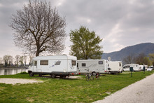 A Campsite For RVs At The Bank Of The River Danube Opposite The Town Duernstein. Lower Austria.