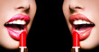 Matte and glossy lipstick set or collage. Lips with lipstick closeup, sensual female. Two women Faces With Red Lipstick On Full Lips. Beauty Cosmetics, Makeup Concept