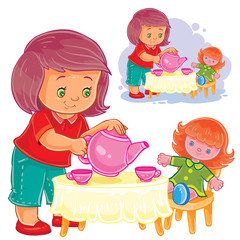 Vector illustration of small girl plays with a doll, treats her with tea. Print