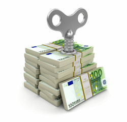 Poster - Pile of Euros with winding key. Image with clipping path