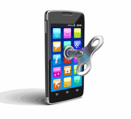Poster - Touchscreen smartphone with winding key. Image with clipping path.