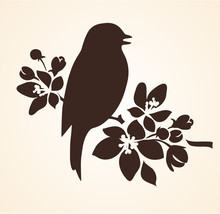 Spring Bird Singing On Floral Twig Of Tree. Vector Bird And Flowers Silhouette