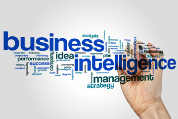Wall Mural - business intelligence word cloud concept on grey background