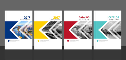 Wall Mural - Cover design for annual report and business catalog, magazine, flyer or booklet blue, yellow, red, and green colors. Brochure template layout. A4 cover vector EPS-10 sample image with Gradient Mesh.
