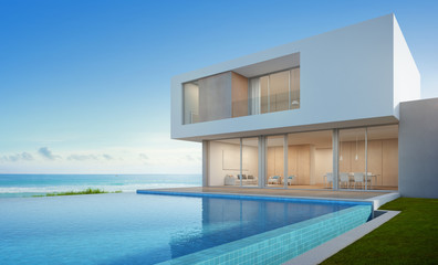 Luxury beach house with sea view swimming pool in modern design, Vacation home for big family - 3d rendering