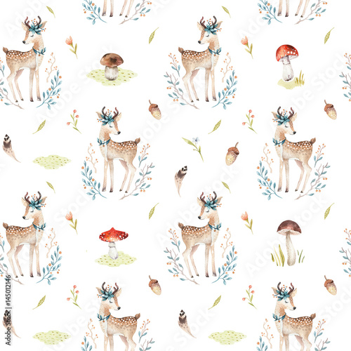 Stoffe zum Nähen Niedliche Baby Hirsch Tier Musterdesign für Kindergarten, Kindergarten isoliert Illustration für Kinderbekleidung. Aquarell Hand gezeichnete Boho Bild perfekt für Handy Fällen Design, Kinderzimmer Poster.