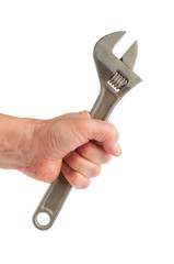 Hand holding wrench on white background