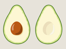 Sliced Avocado, Two Halves Of Green Ripe Avocado With Seed Isolated On Background. Vector Illustration Set For Your Designs.