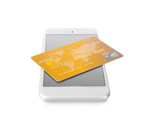 Sticker - Online shopping concept. Smartphone with credit card on white background