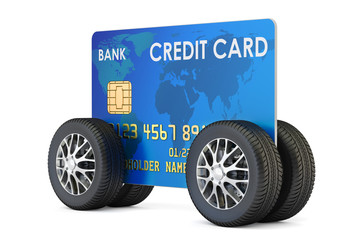 Wall Mural - Credit card with car wheels, fast banking service concept. 3D rendering