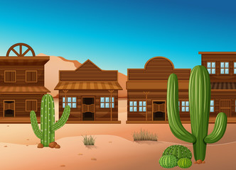 Desert scene with shops and cactus