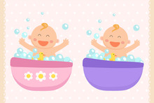 Happy Baby Girl And Baby Boy Bath. Flat Design.