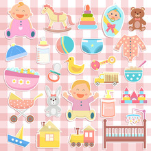 Cute Baby Icons Stickers On Checkered Background